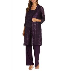 NEW R&M RICHARDS metallic lace tank top and pant set with sheer lace jacket in p